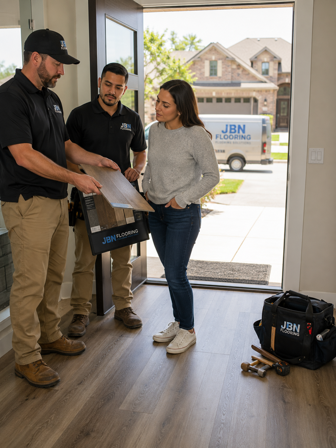 JBN Flooring team providing in-home flooring consultation and flooring installation services in Denton TX