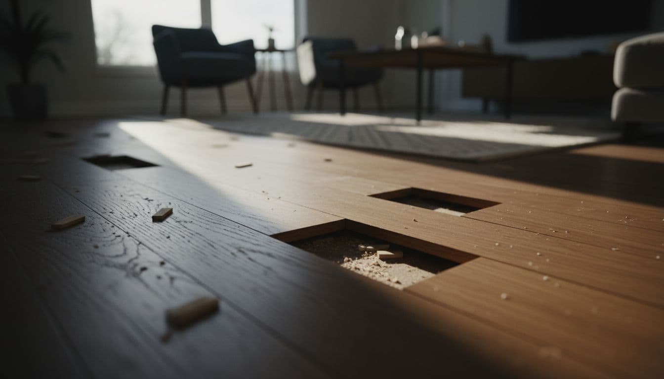 Close-up view of hardwood floor planks showing visible gaps and uneven surface alignment. DIY hardwood floor installation