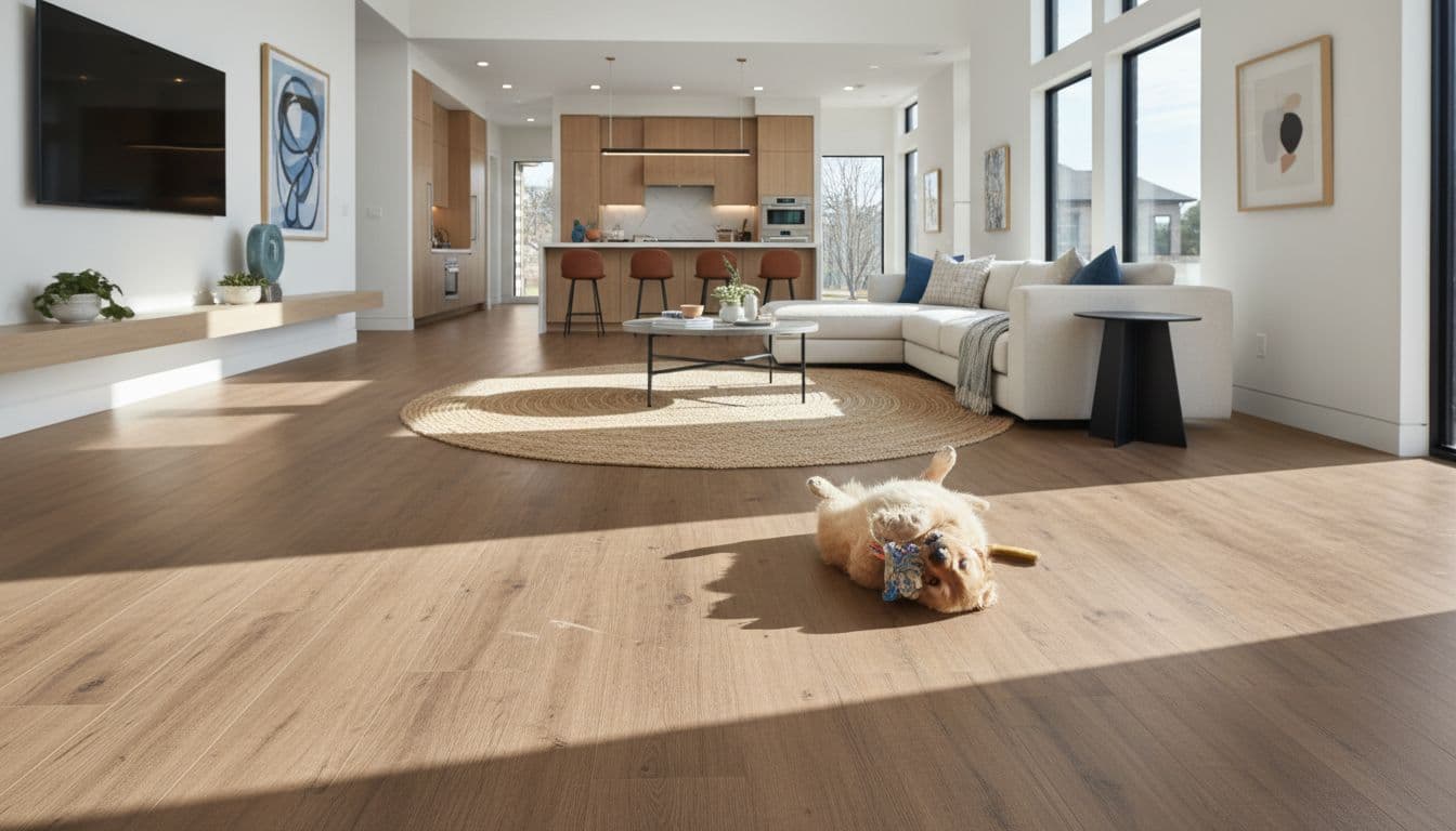 A golden retriever puppy plays on light-toned luxury vinyl plank flooring inside a bright, contemporary living room. Large windows flood the space with natural light, showcasing the realistic wood-grain surface texture.