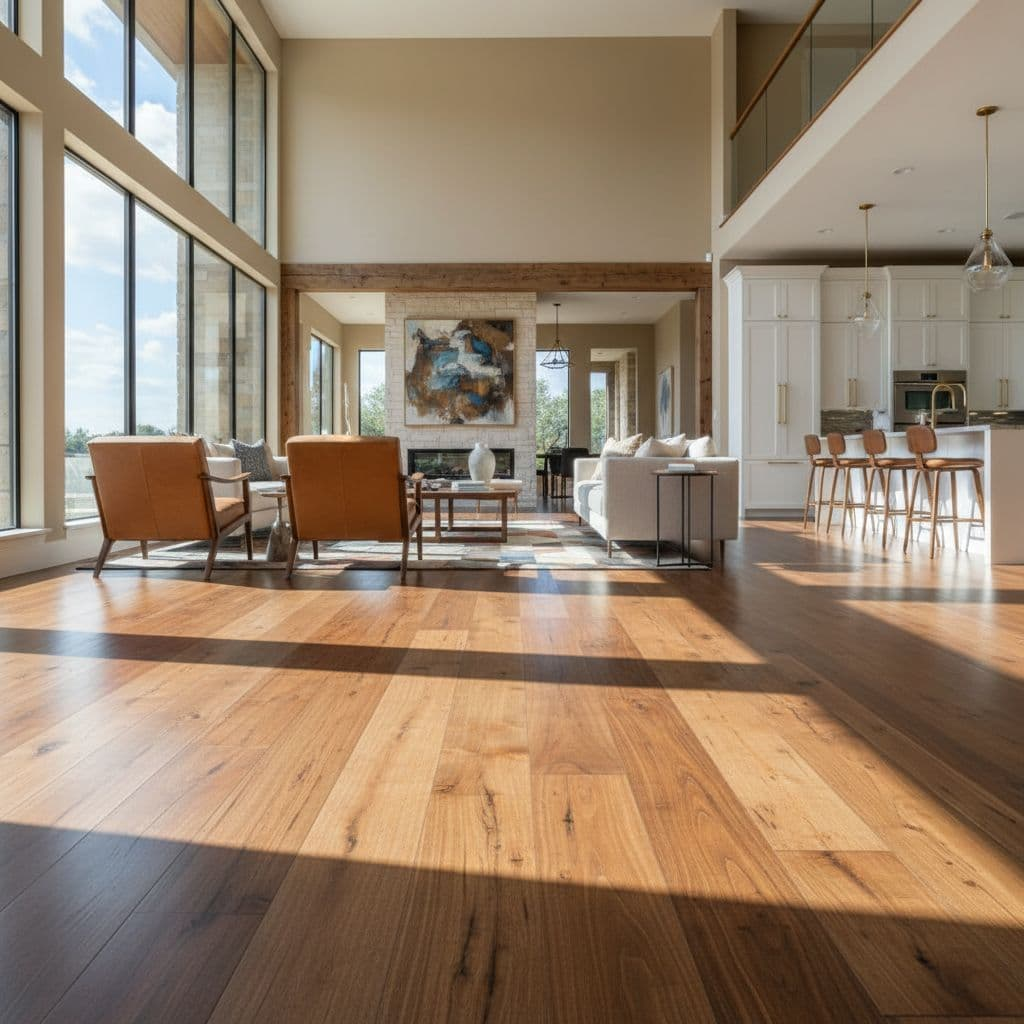 Premium Hardwood Flooring  A sunlit modern Texas living space featuring premium hardwood flooring and minimalist furniture.