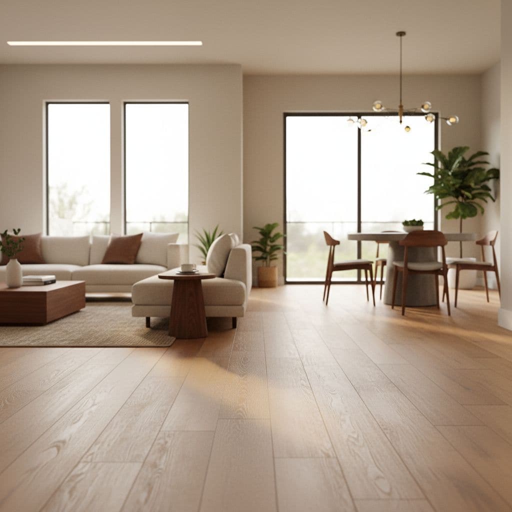 A bright, modern living space features premium hardwood floors with clean furniture and natural sunlight.