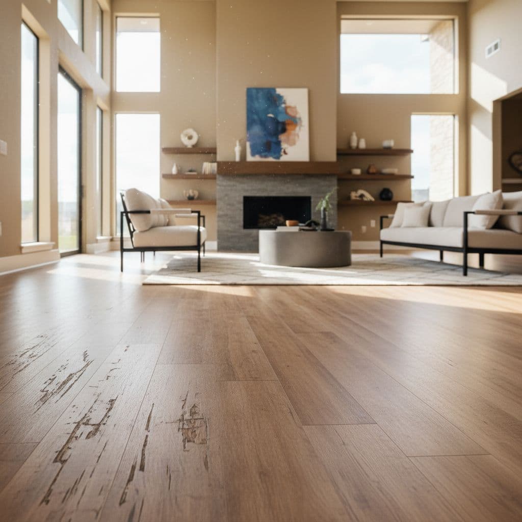 A sunlit modern living space featuring high-quality wood plank flooring and clean contemporary furniture. Hardwood Floor Installation Denton TX