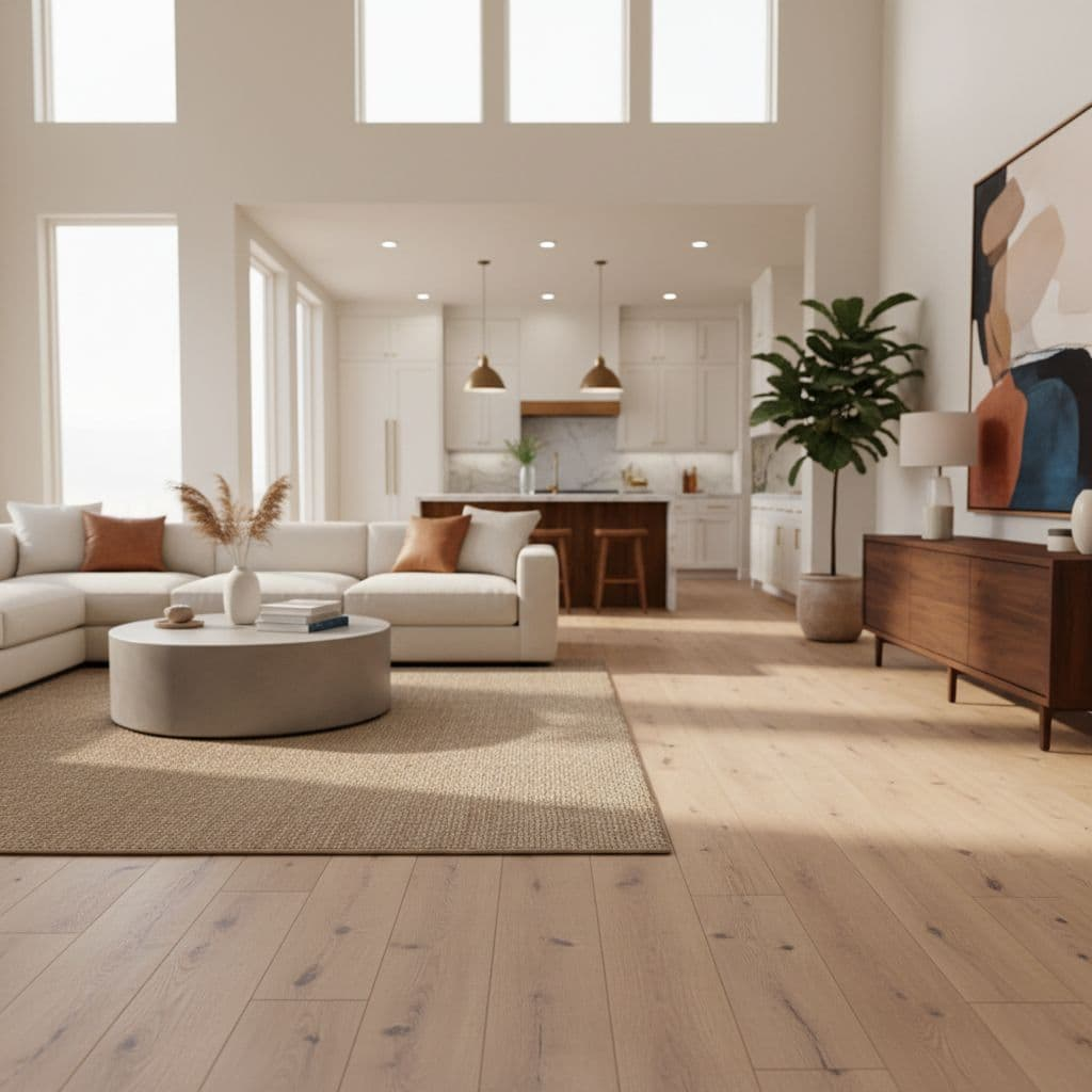 Modern Texas home interior shows luxury vinyl plank flooring, clean furniture, and bright natural light.