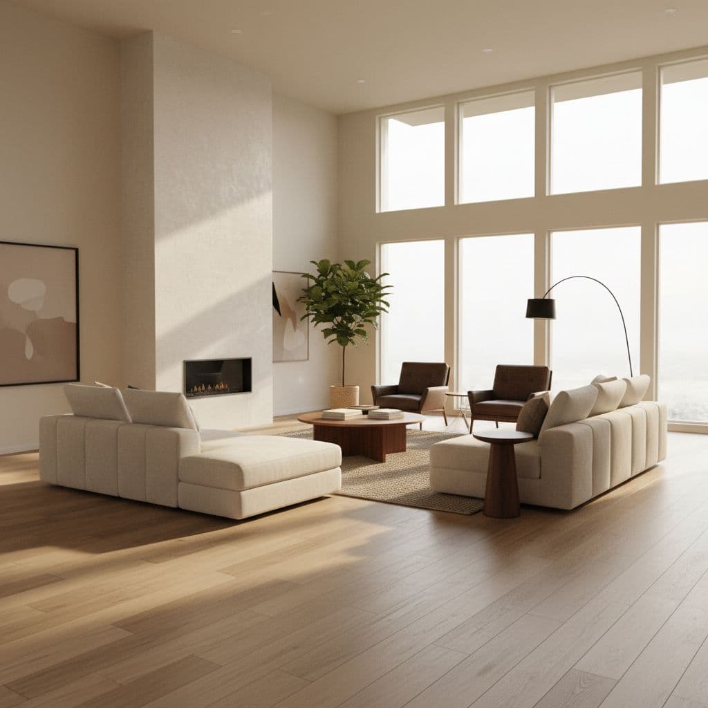 A bright, modern living room featuring high-quality wood-look luxury vinyl plank flooring and clean furniture.