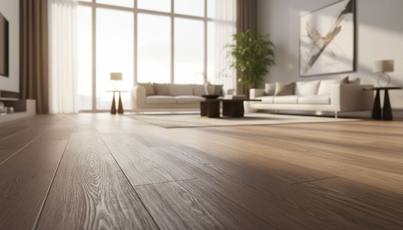 Flooring Trends Denton A sunlit modern living room featuring premium luxury vinyl plank flooring and clean contemporary furniture.