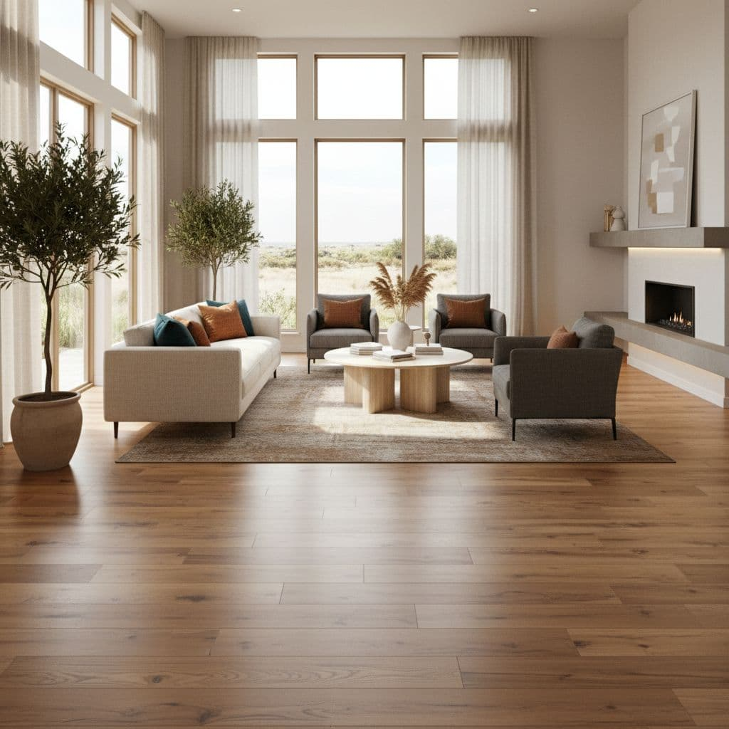 Custom Wood Flooring A sunlit modern living room featuring premium light wood flooring and clean contemporary furniture.