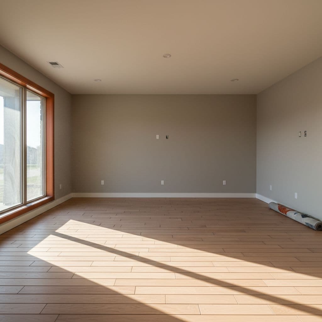 An empty, sunlit room with a clean subfloor prepared for new wood flooring installation.
