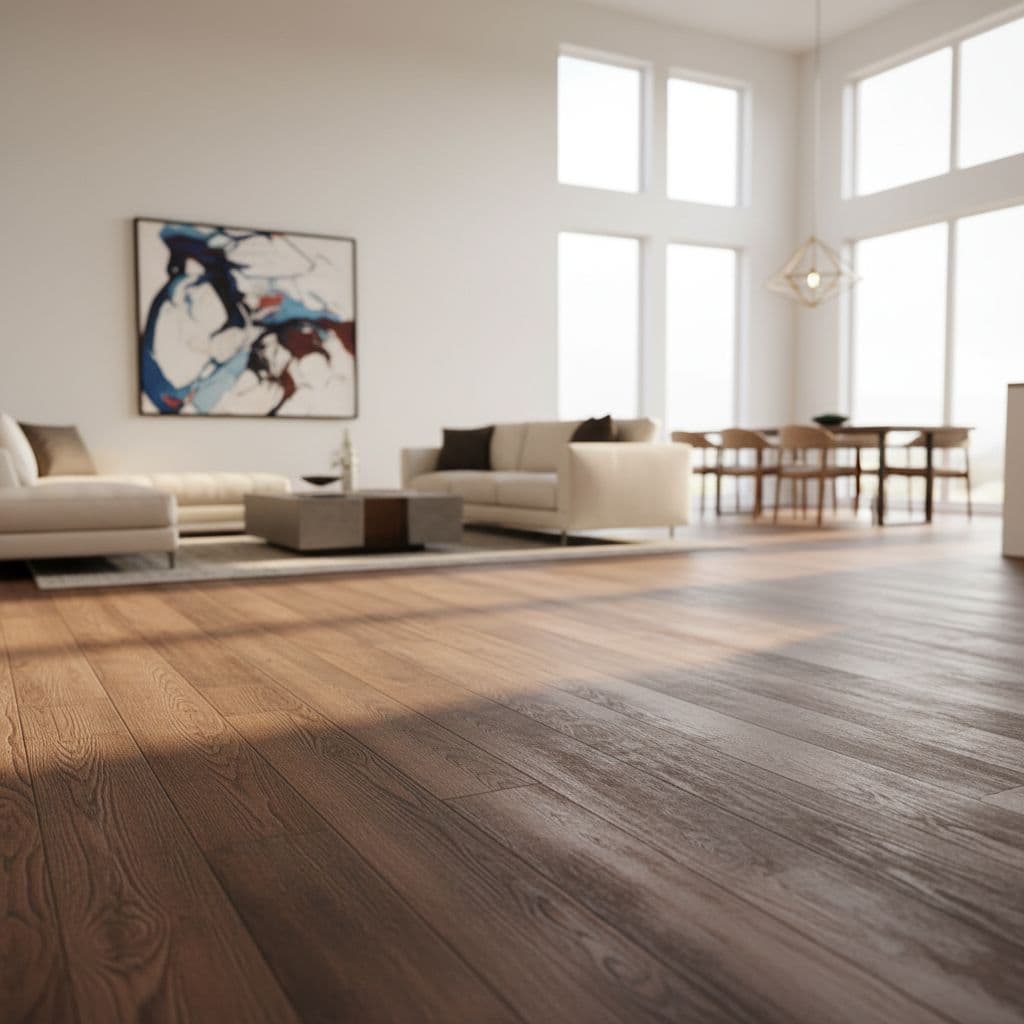 Replace Your Flooring, Sunlight streams across premium light-toned luxury vinyl planks in a contemporary living space. Sleek, minimalist furniture accents the polished floor surfaces, highlighting the realistic wood grain textures and durable material finish.