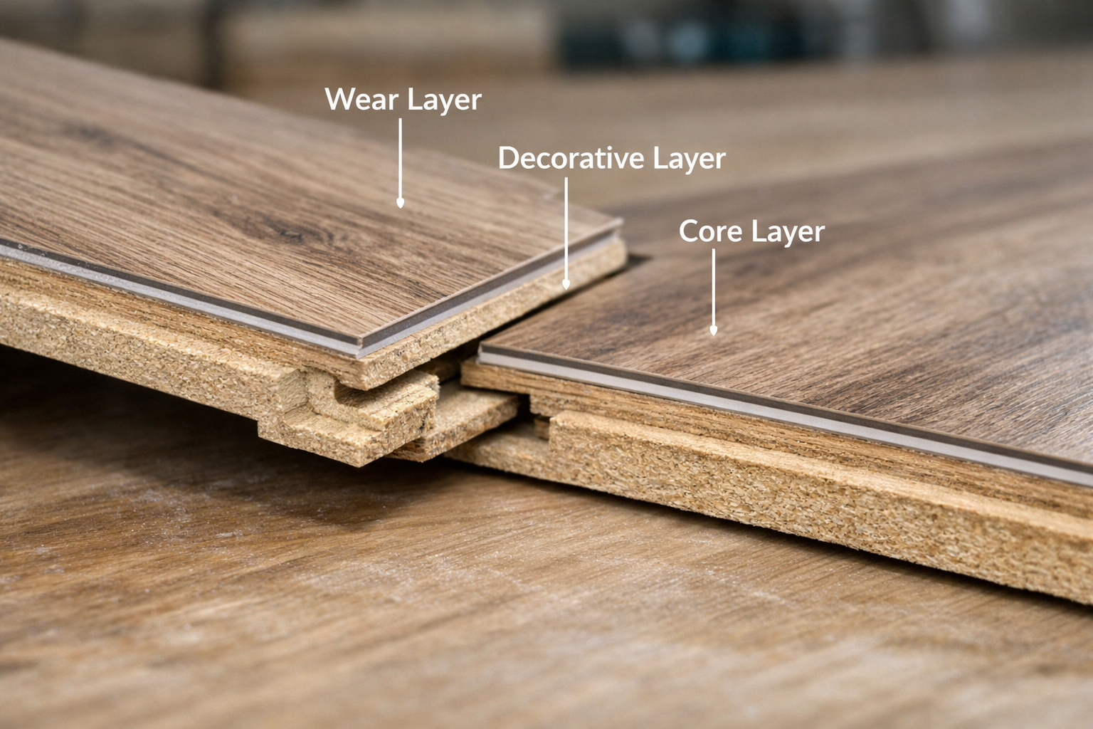 Close-up of laminate planks clicking together with a cutaway showing the wear layer, decorative layer, and core