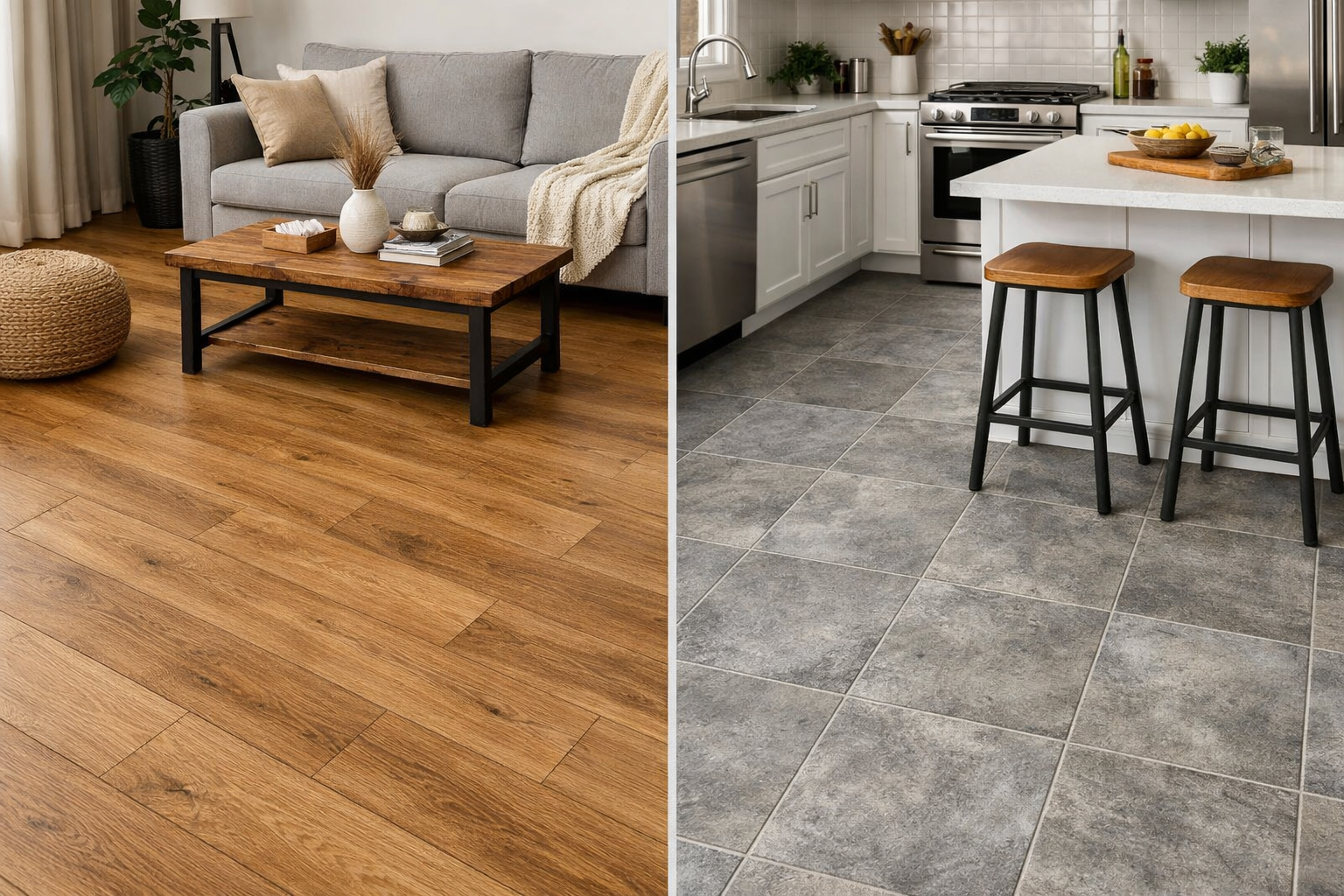 Split comparison of luxury vinyl plank in a living room and luxury vinyl tile with subtle grout effect in a kitchen