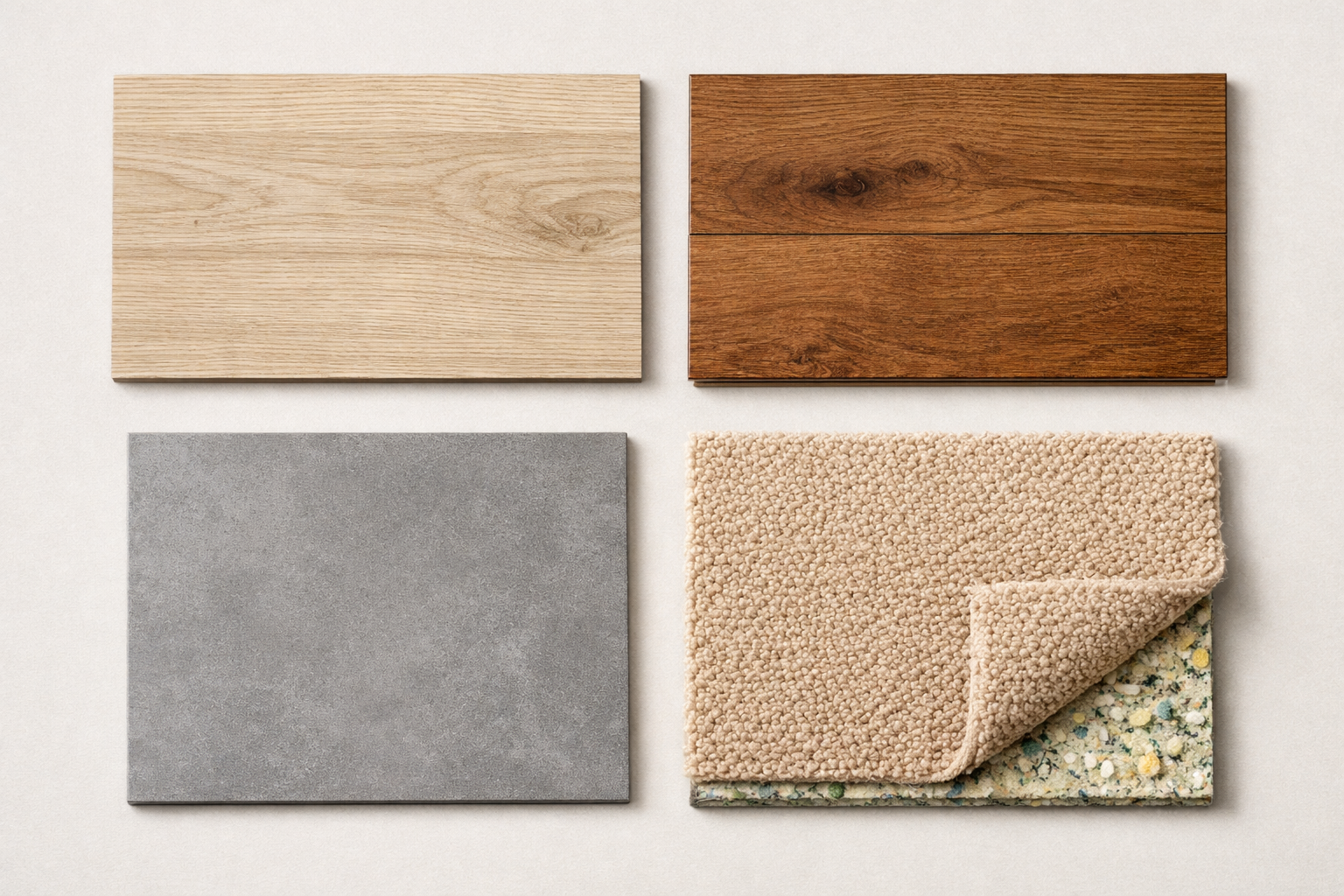 Close-up grid of flooring samples: oak-look LVP, engineered hardwood, gray porcelain tile, and beige carpet with pad