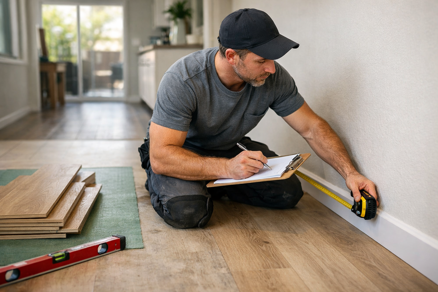Flooring installer measuring a room with a tape measure and clipboard, with a level and flooring planks nearby
