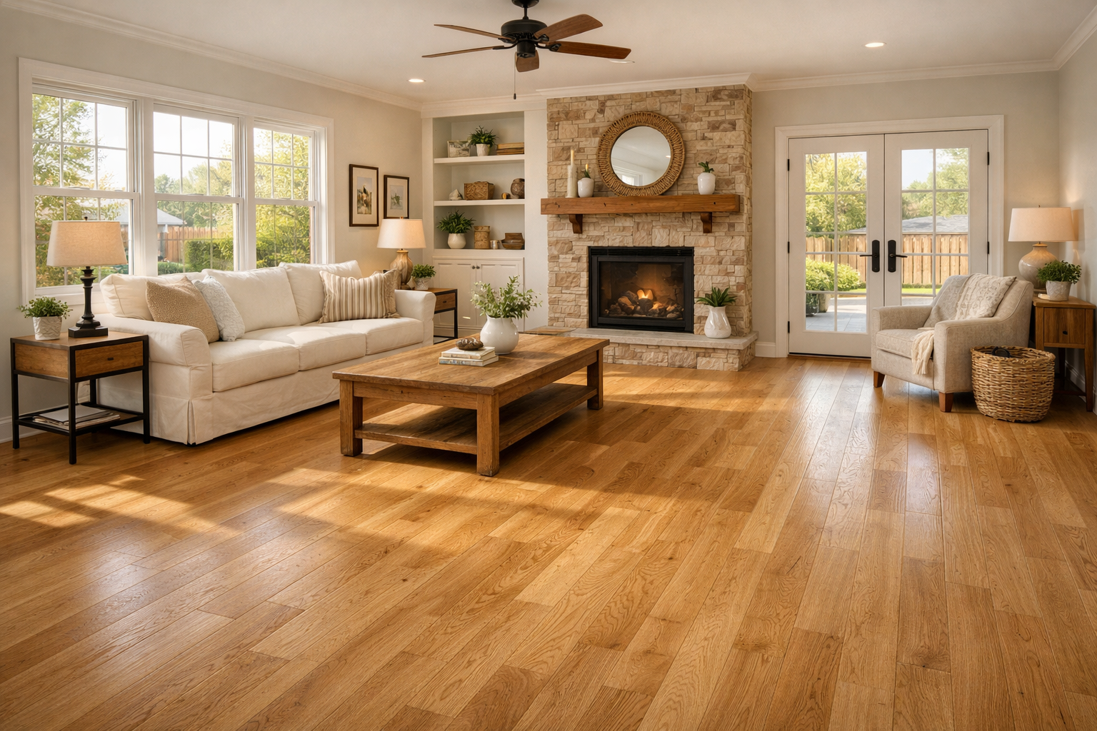 Bright living room in Denton home with newly installed natural oak wood flooring