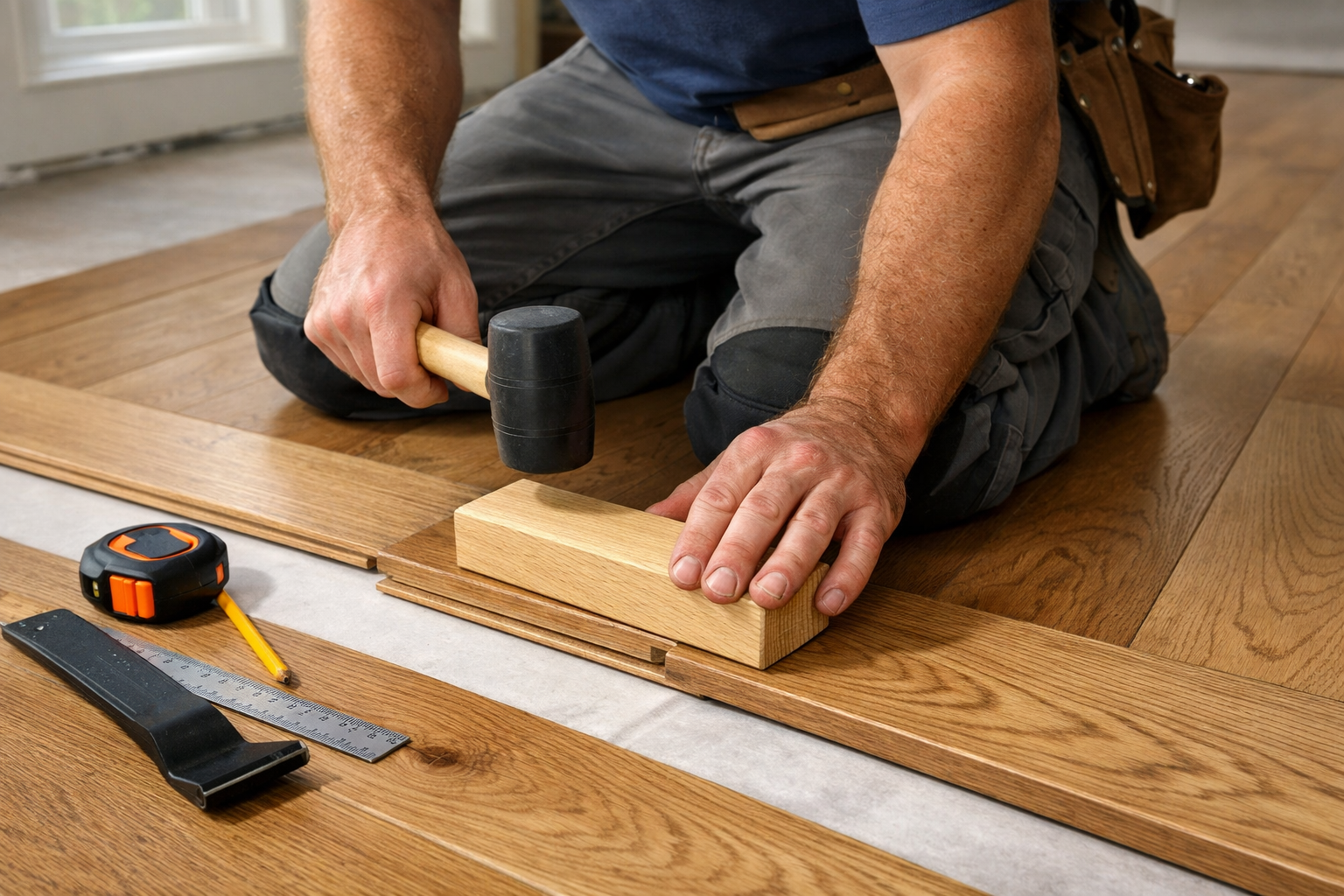 Flooring professional installing tongue-and-groove wood planks with tools on a clean jobsite