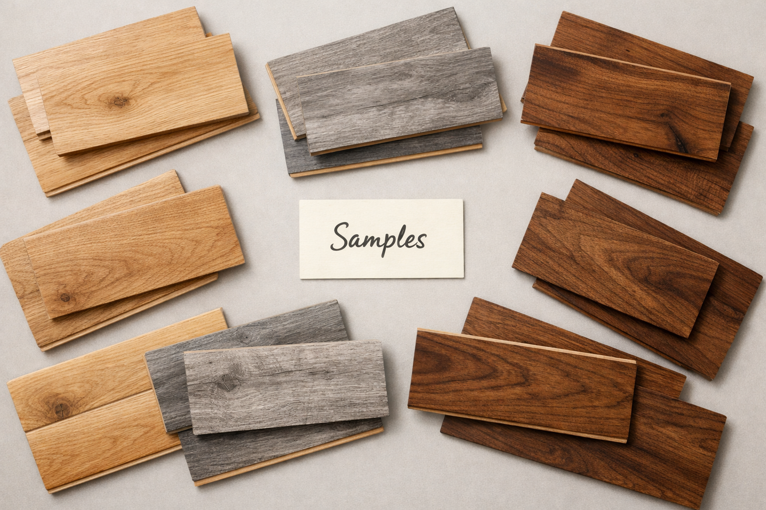Wood flooring samples showing solid hardwood and engineered planks in multiple tones