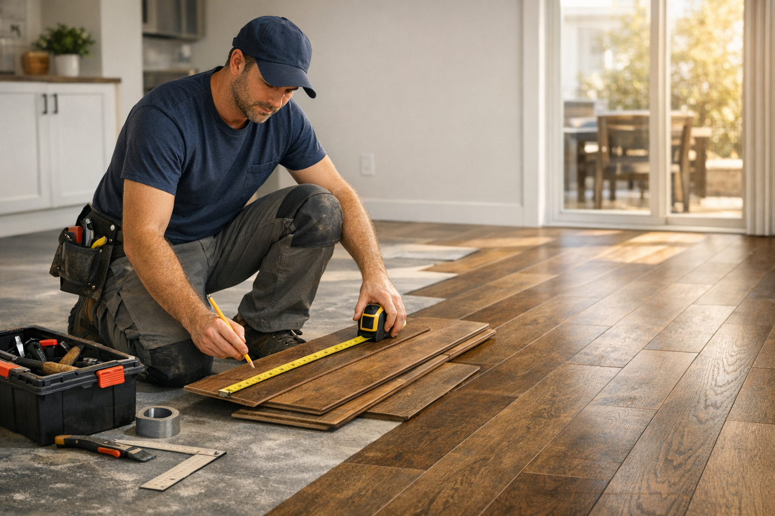 Professional flooring contractor measuring plank layout during hardwood or luxury vinyl installation in a bright modern room