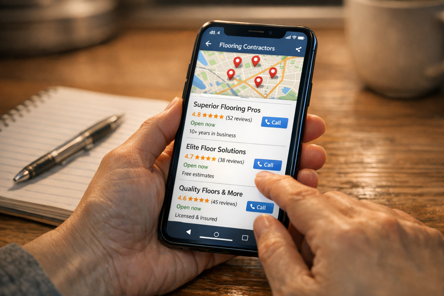 Homeowner comparing flooring contractor reviews and map listings on a smartphone with notes and a pen on the table
