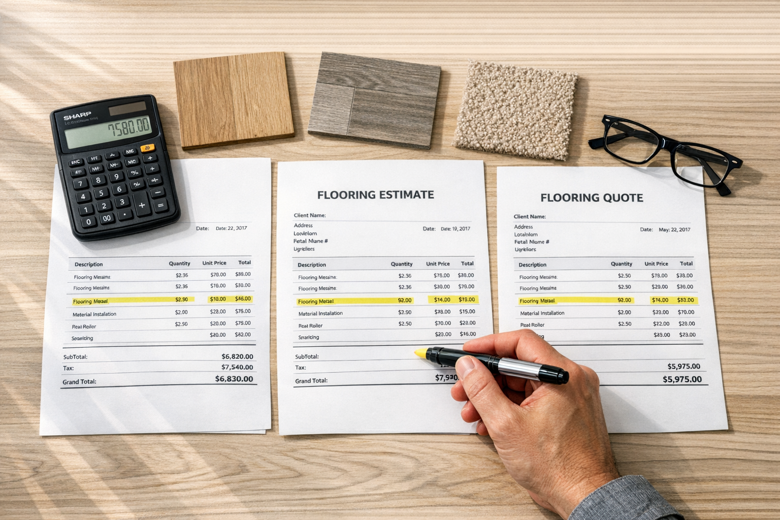 Printed flooring installation quotes compared side-by-side with calculator, highlighted line items, and flooring samples on a desk