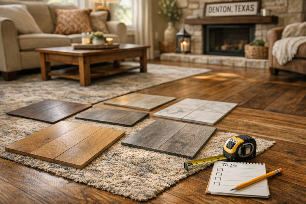 Denton, Texas living room with flooring samples, tape measure, and checklist for comparing quotes and materials