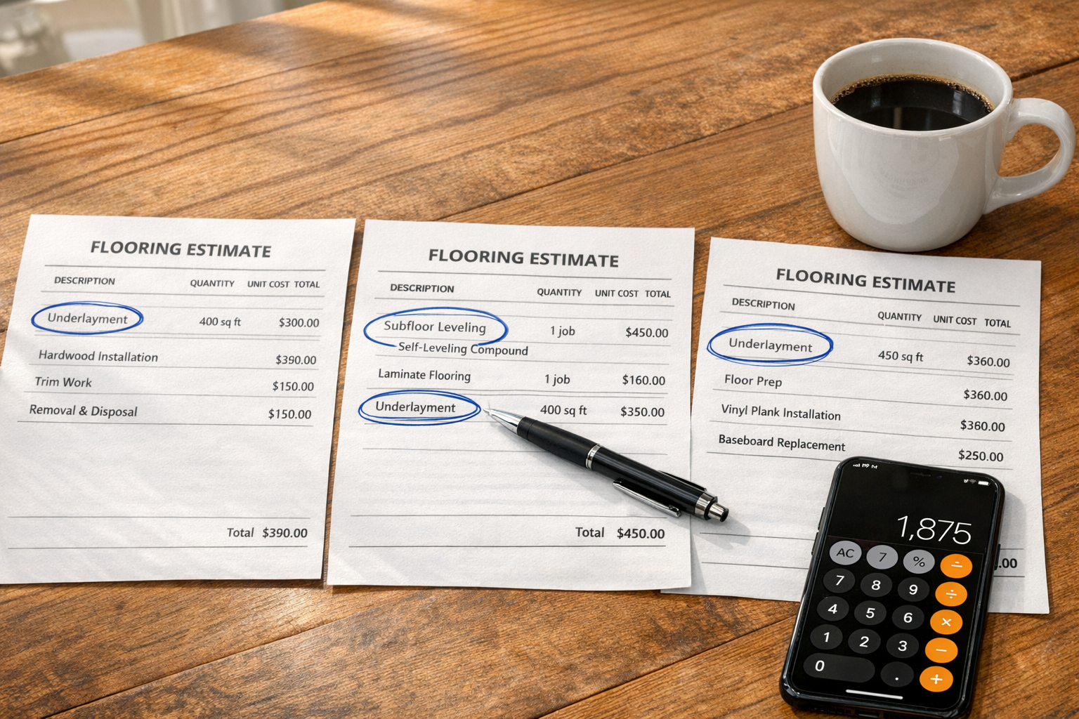 Three printed flooring estimates on a table with line items circled for underlayment and subfloor leveling