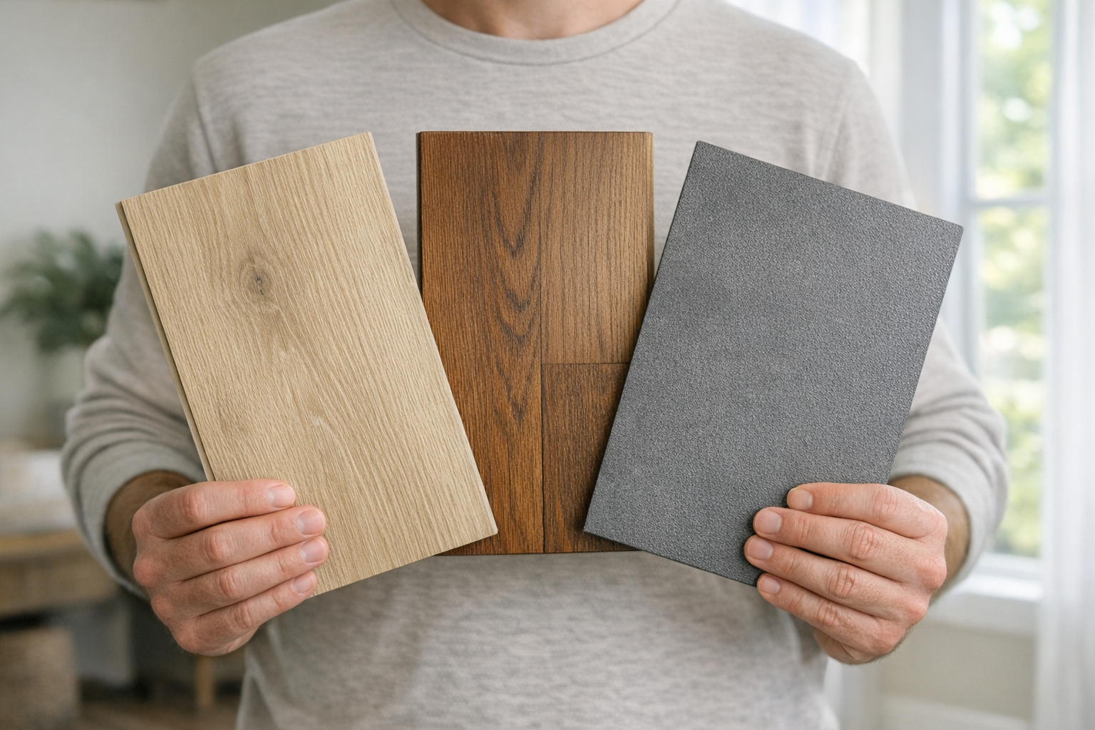 Homeowner holding three flooring samples: oak LVP plank, engineered hardwood plank, and matte gray porcelain tile near a sunlit window