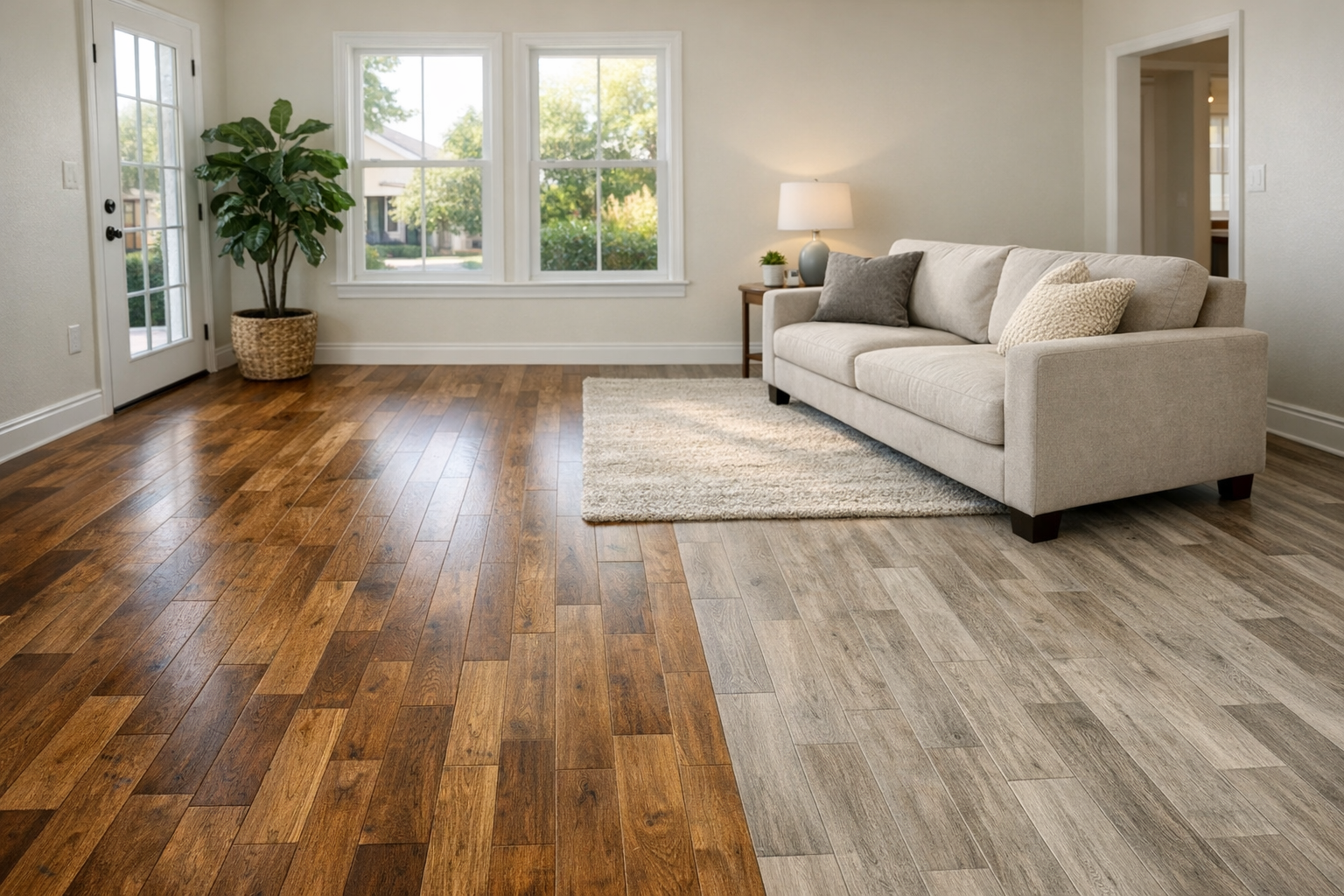 Bright Denton, Texas home interior with newly installed flooring and natural light