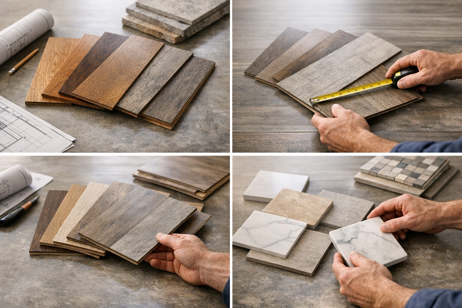 Flooring material samples including hardwood, luxury vinyl plank, laminate, and tile with measuring tape