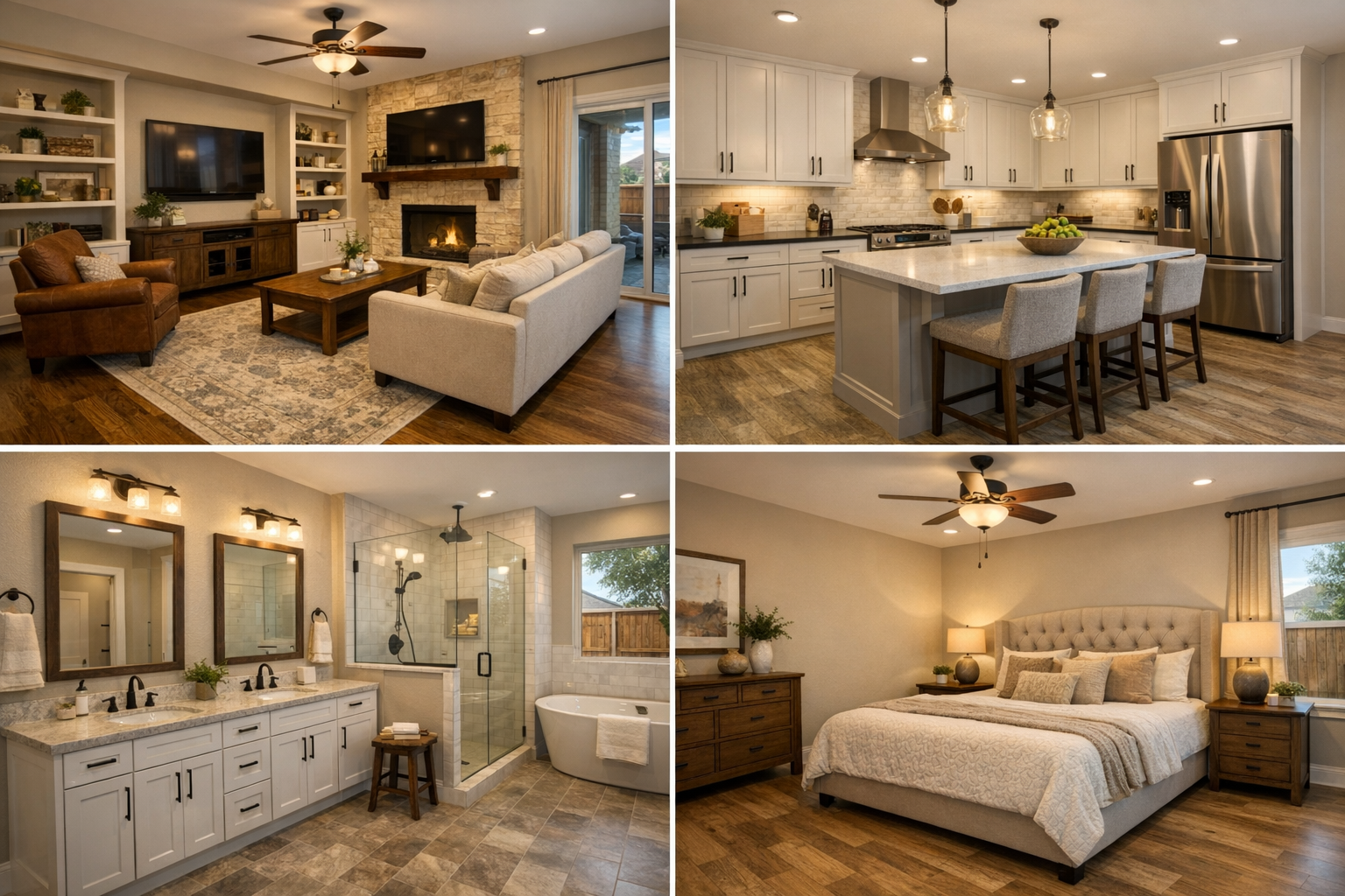 Collage of home rooms with different flooring types: hardwood living room, LVP kitchen, tile bathroom, laminate bedroom