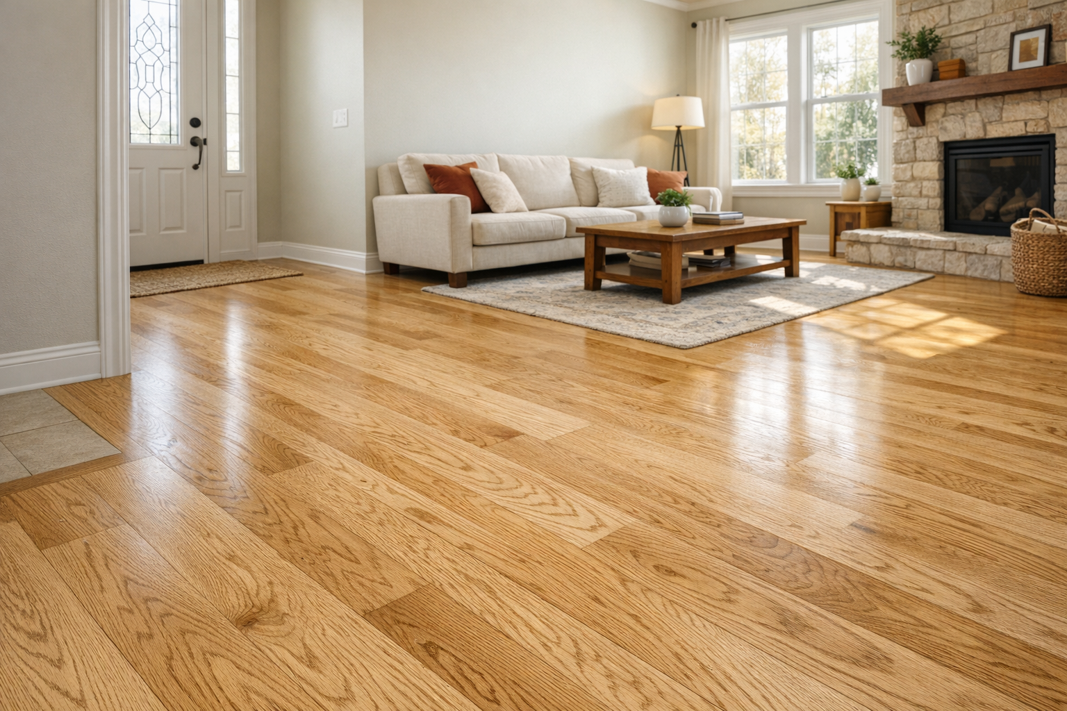 Bright Denton living room with newly installed natural oak hardwood floors and clean entryway transition