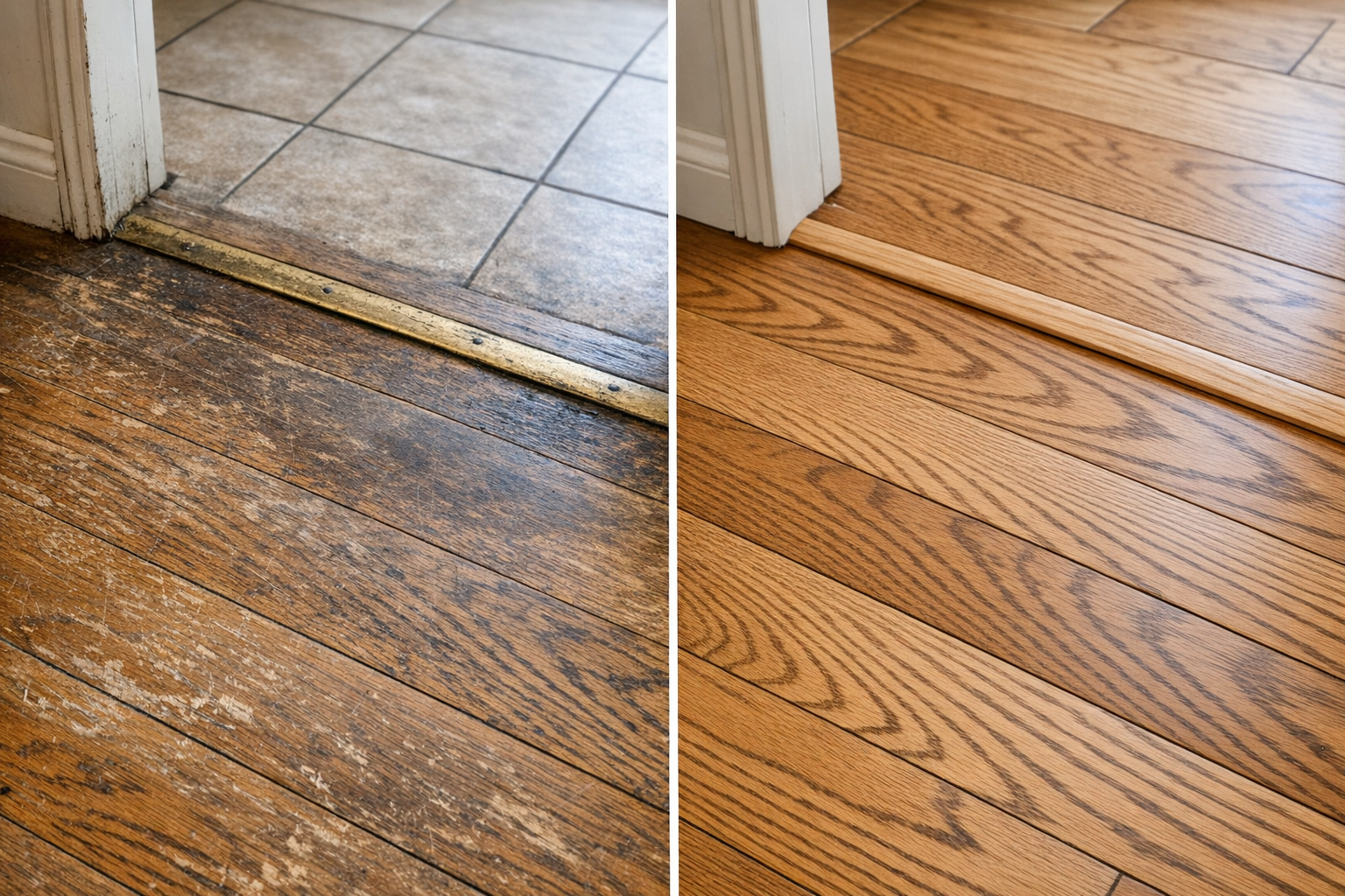 Close-up of a worn Denton entryway hardwood floor compared to the same area after refinishing with an even satin finish