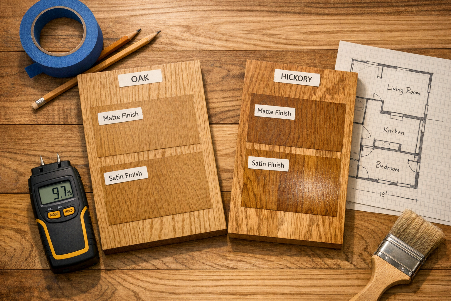 Hardwood finish selection setup with sample boards, matte and satin swatches, moisture meter, and a simple floor plan sketch