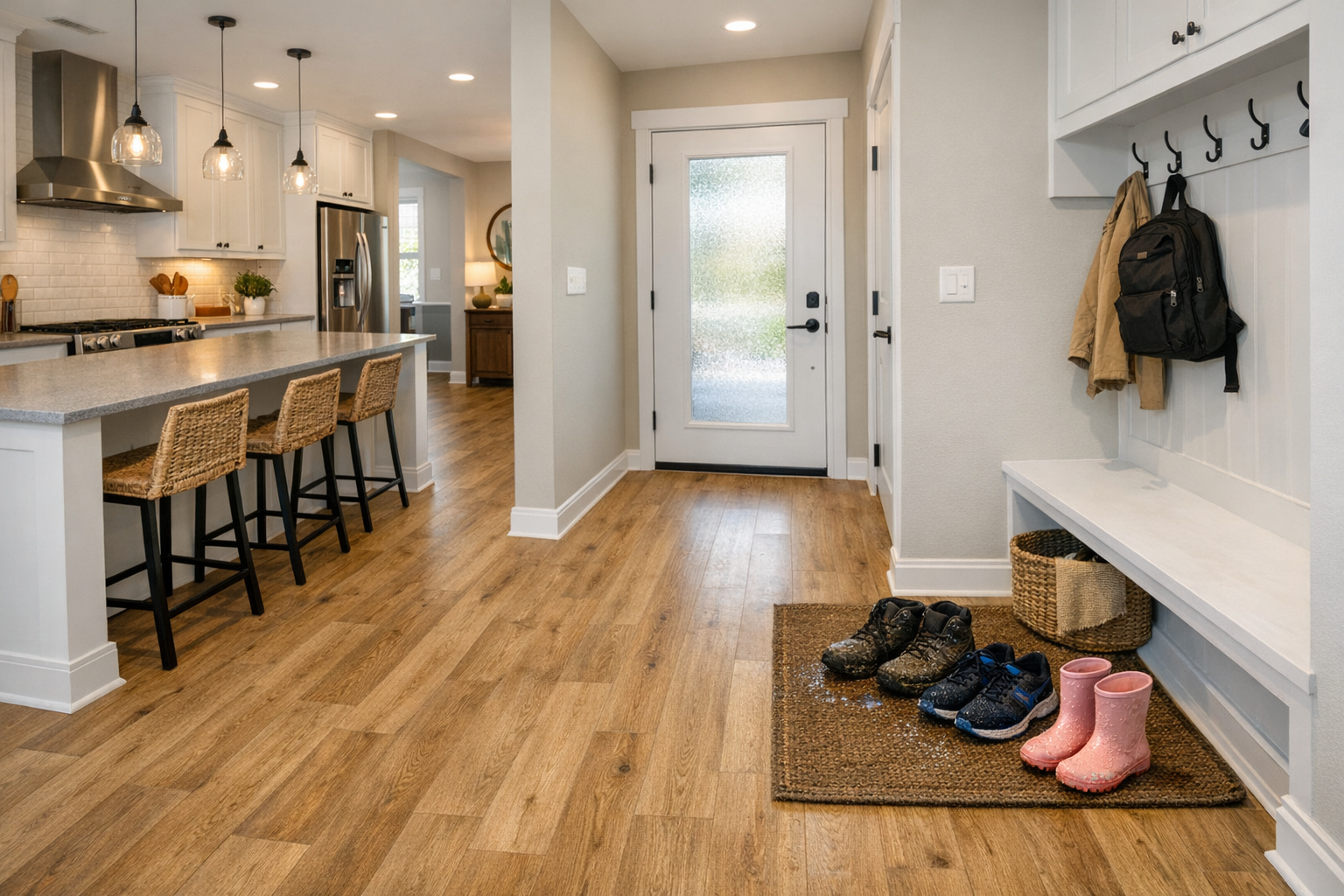 Modern Denton home kitchen flowing into a high-traffic entryway with waterproof luxury vinyl plank flooring and clean transitions