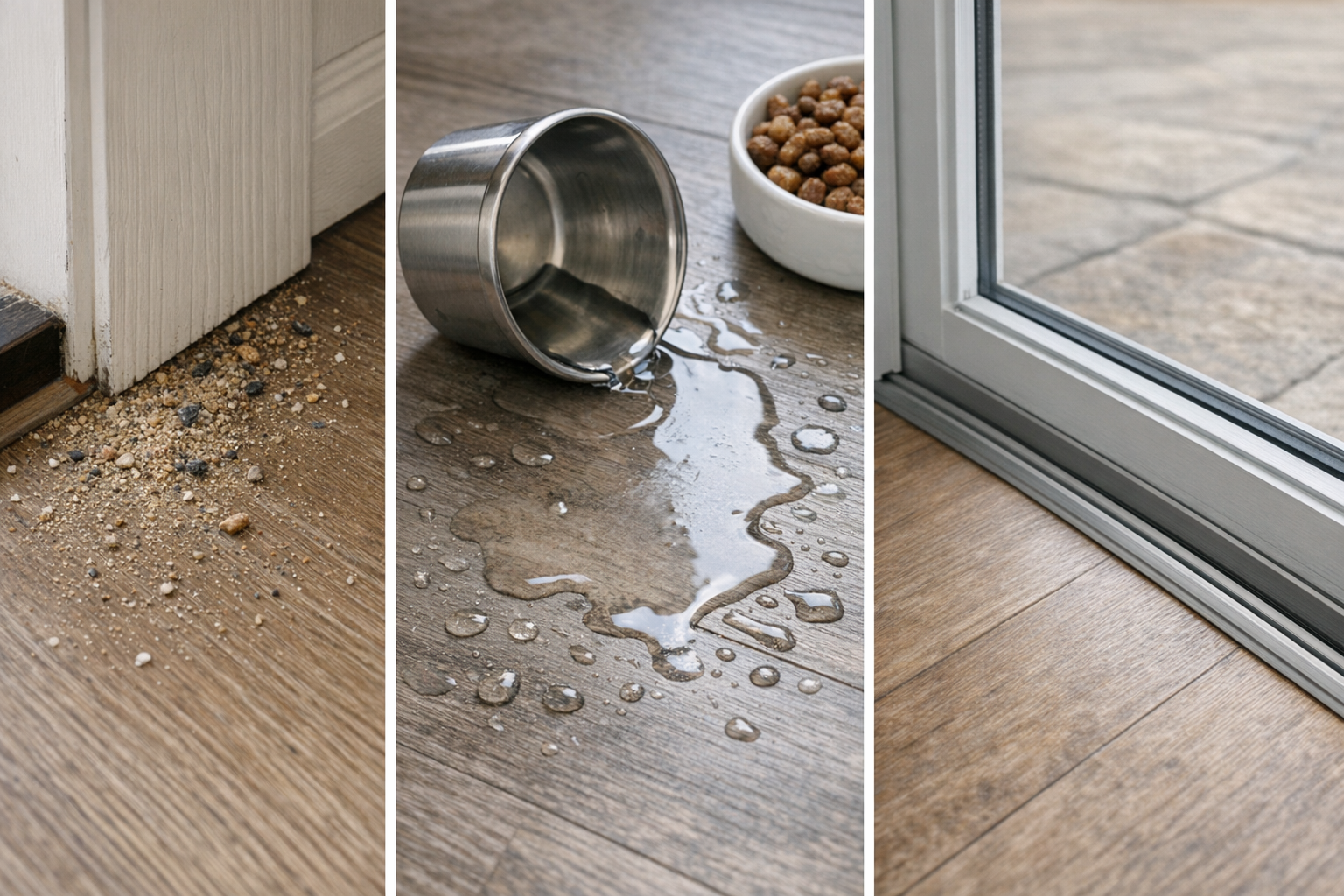 Close-up of common LVP problem areas: doorway grit, kitchen spill, and a clean transition detail