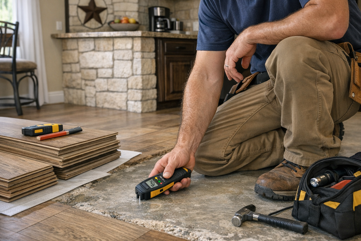Moisture testing on a concrete slab near a kitchen area with LVP planks staged nearby