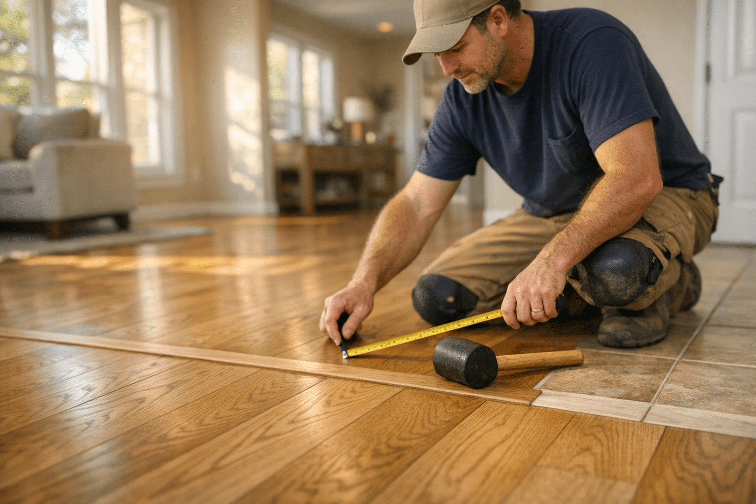 Hardwood Flooring Denton TX installer measuring natural oak planks near a clean room transition