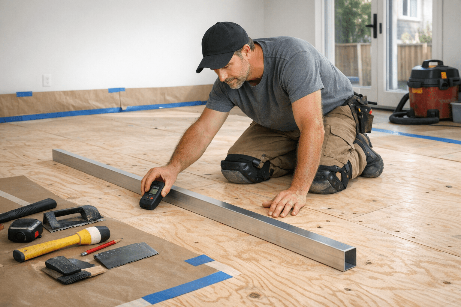 Hardwood Flooring Denton TX professional checking subfloor flatness and moisture before installation