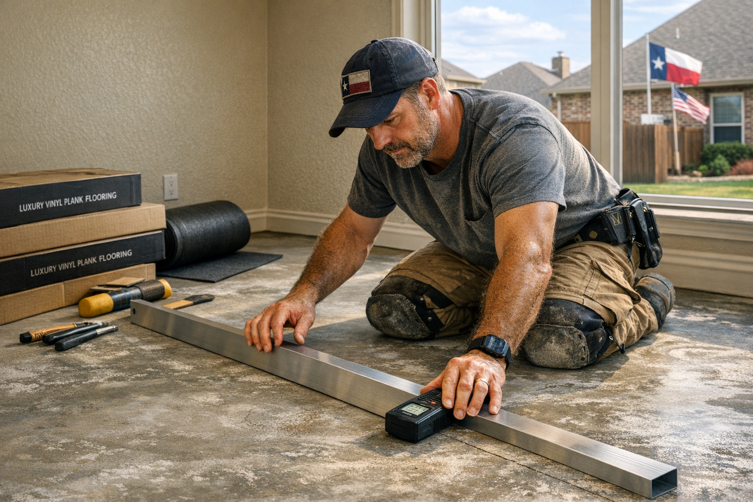 Denton TX flooring installer checking slab flatness and moisture before LVP installation