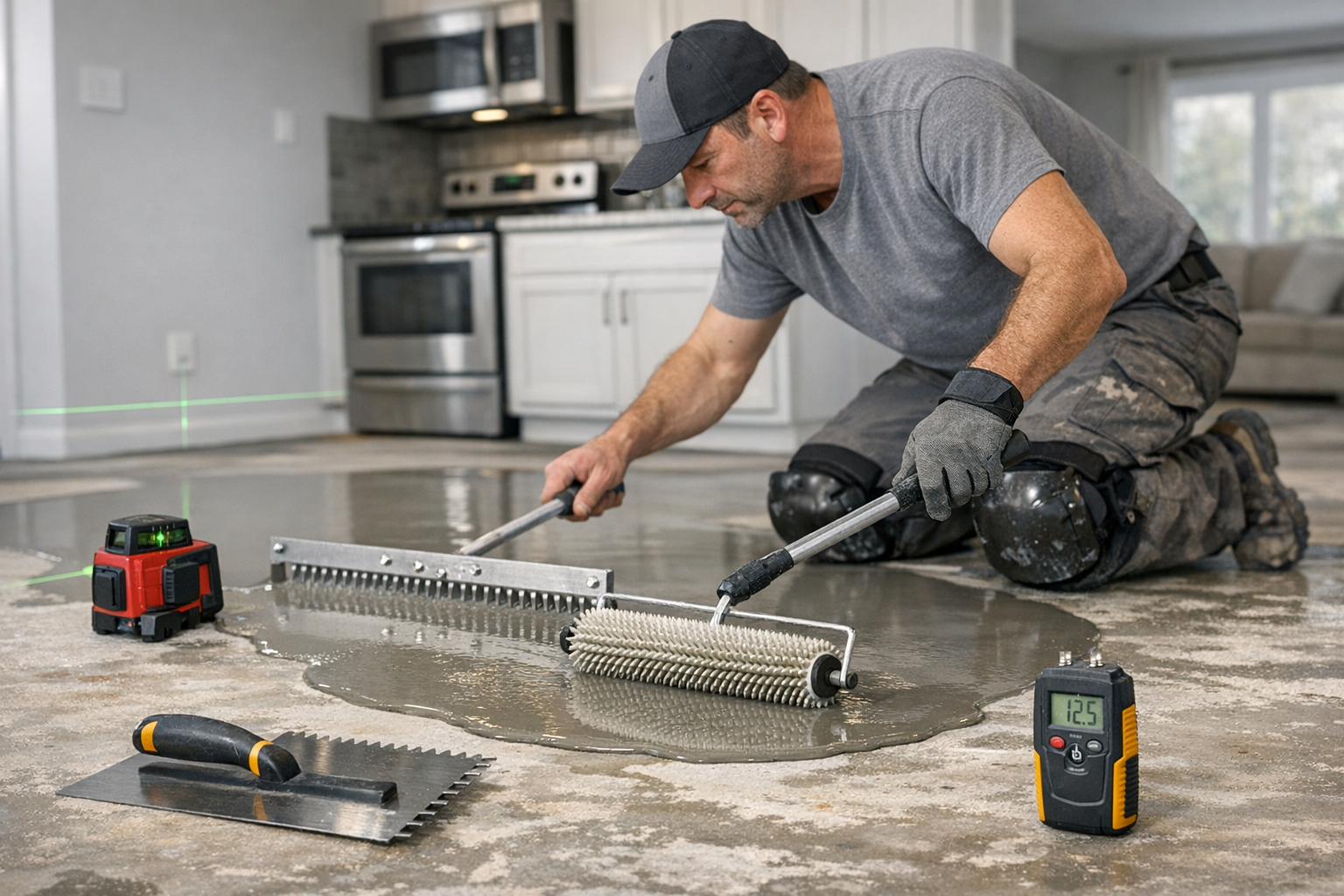 Installer leveling a subfloor with patch compound and tools for precise floor preparation