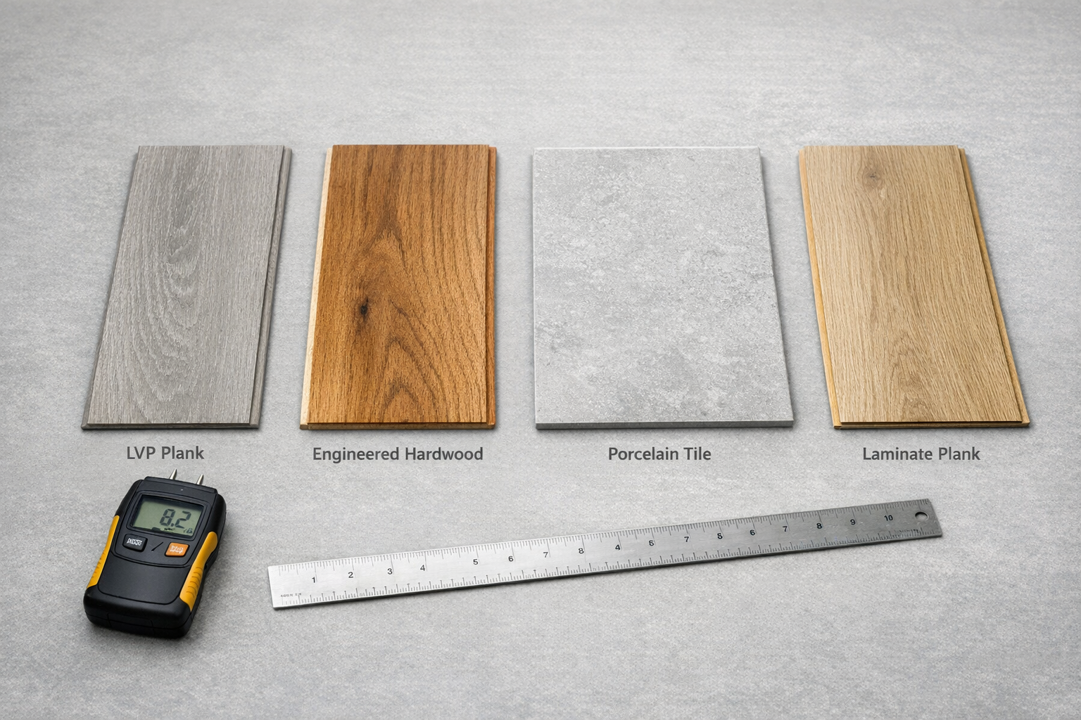 LVP, hardwood, tile, and laminate samples arranged for a flooring material comparison decision