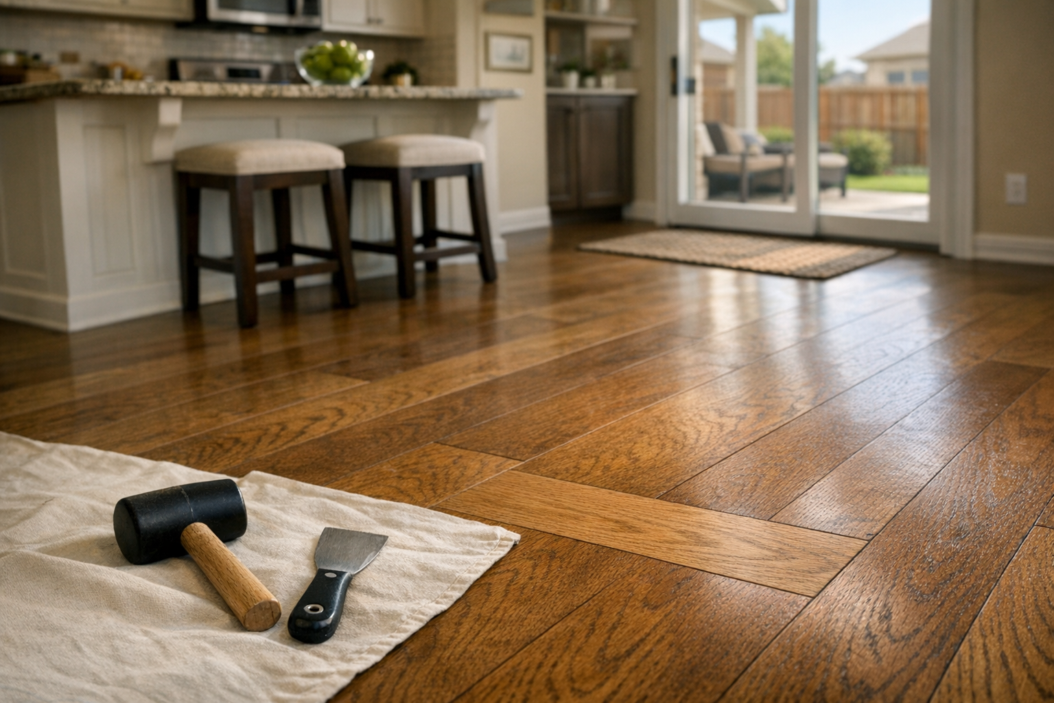 Repaired hardwood plank blended seamlessly in a Denton, Texas home with clean tools nearby