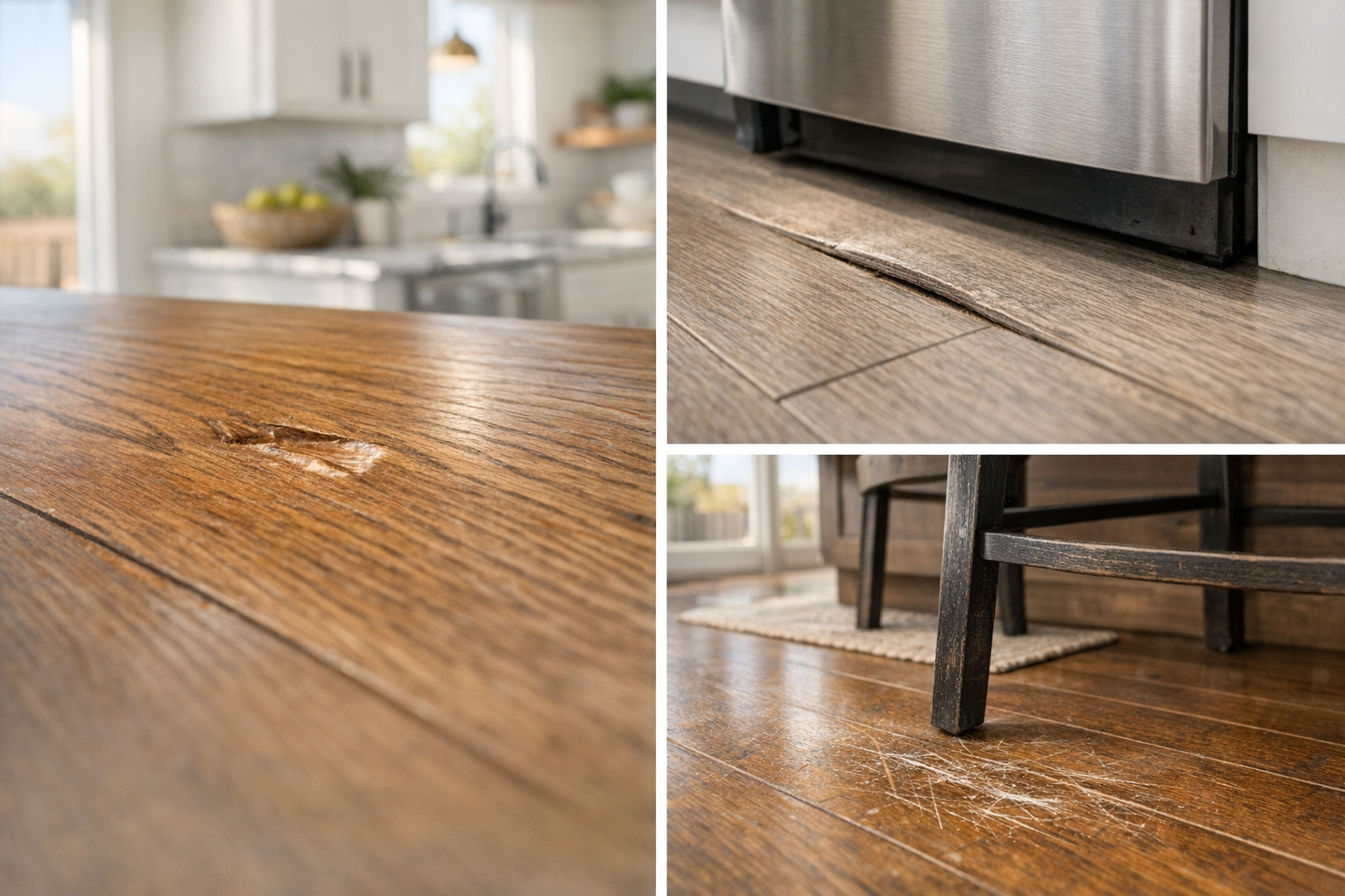 Examples of hardwood dent, swollen laminate seam near a dishwasher, and scratched floor near a bar stool