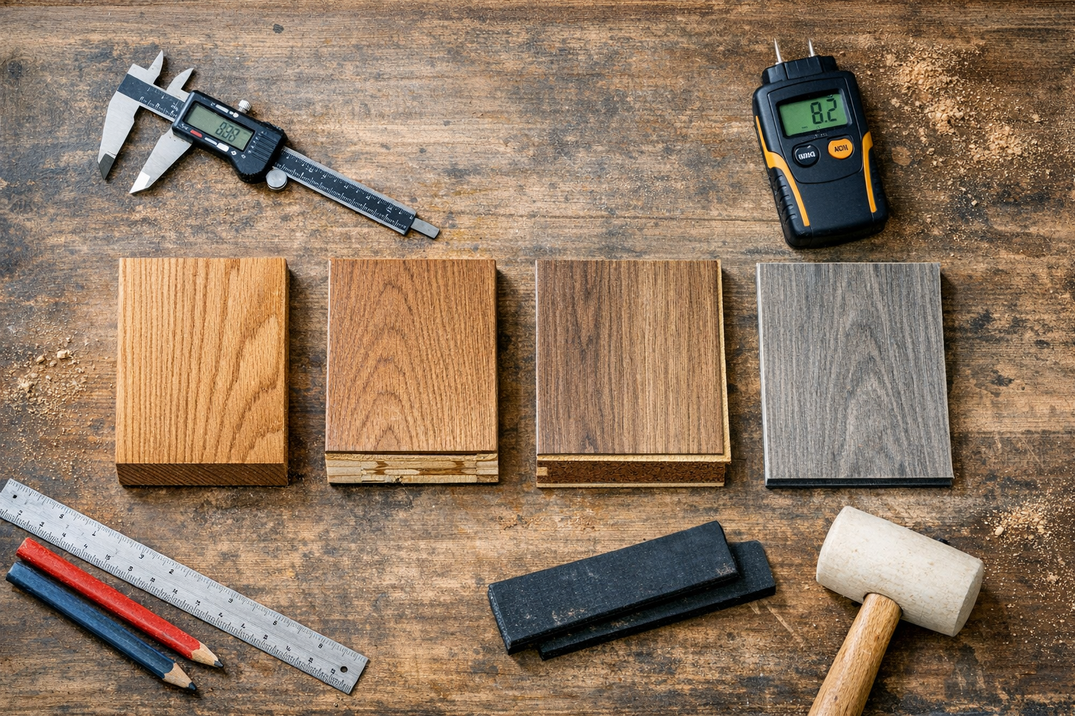 Workbench with solid hardwood, engineered wood cross-section, laminate, and LVP samples alongside professional measuring tools