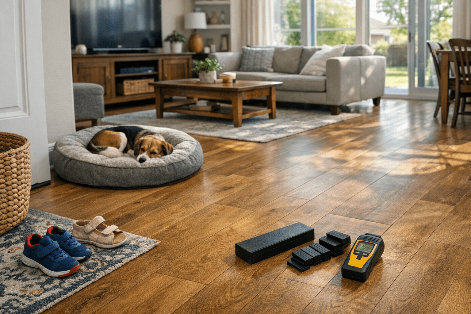 Denton TX home interior with newly installed luxury vinyl plank flooring in warm oak tone