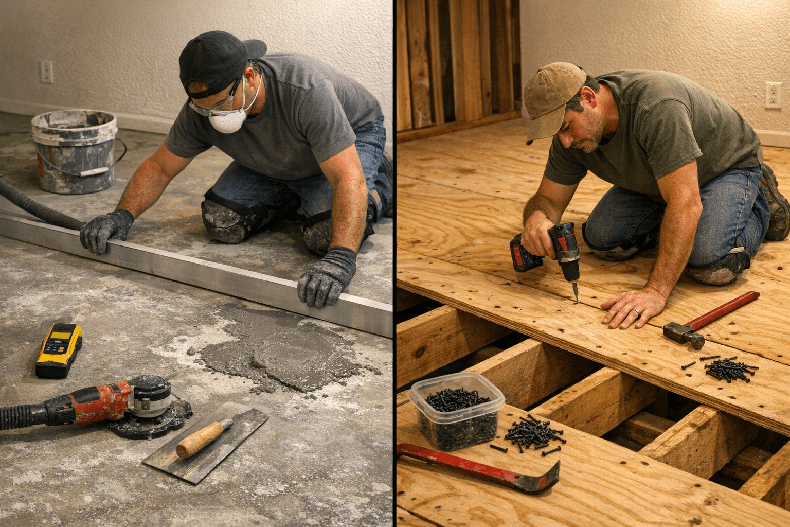 Technicians preparing a concrete slab and pier-and-beam subfloor for vinyl installation in Denton TX