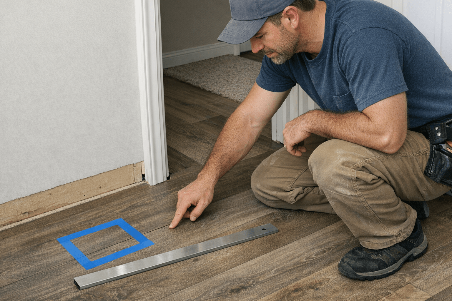 Flooring professional inspecting a separated vinyl plank seam near a doorway in a Denton TX home