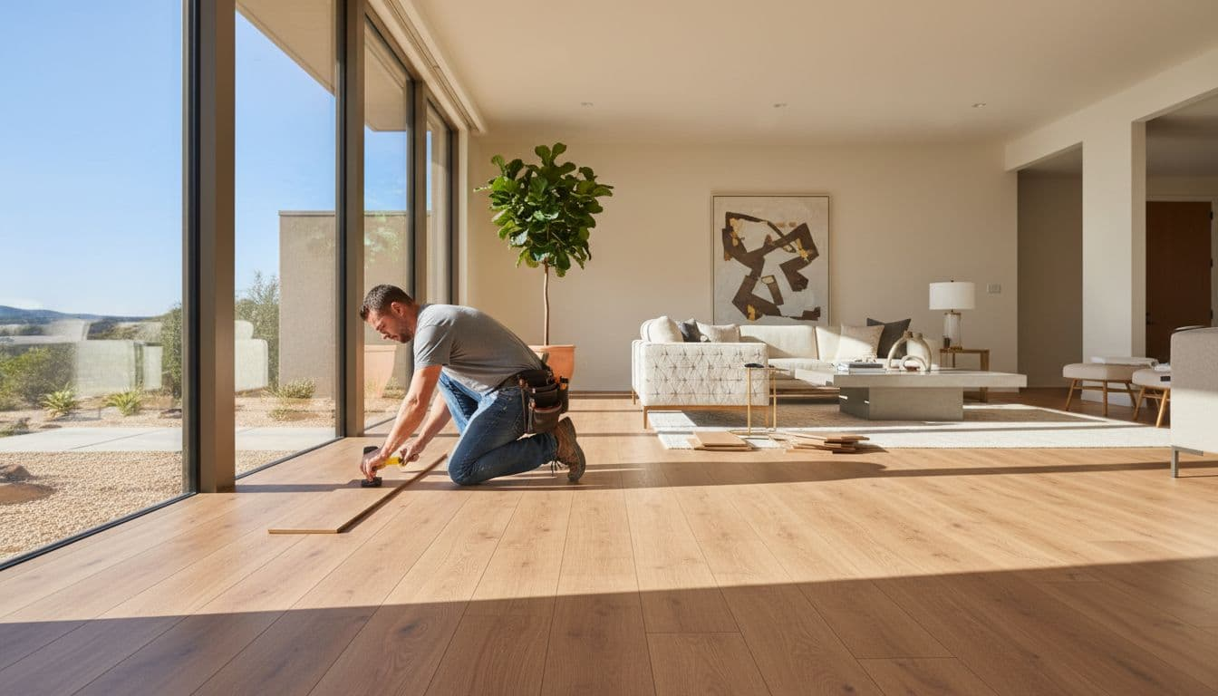 A contractor installs premium luxury vinyl plank flooring in a sunlit modern Texas living space.