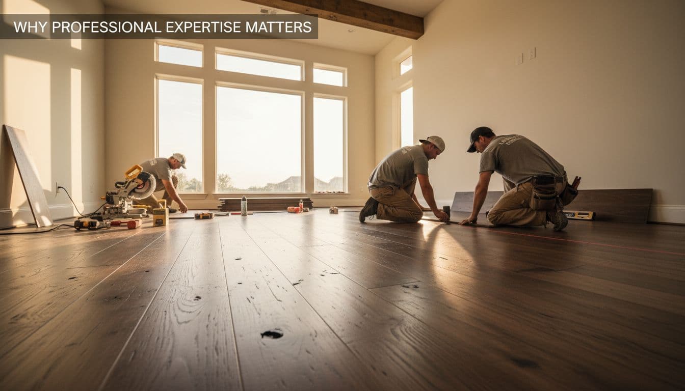 A craftsman installs premium hardwood planks inside a bright, modern Texas home. Hardwood Flooring Installation Denton TX