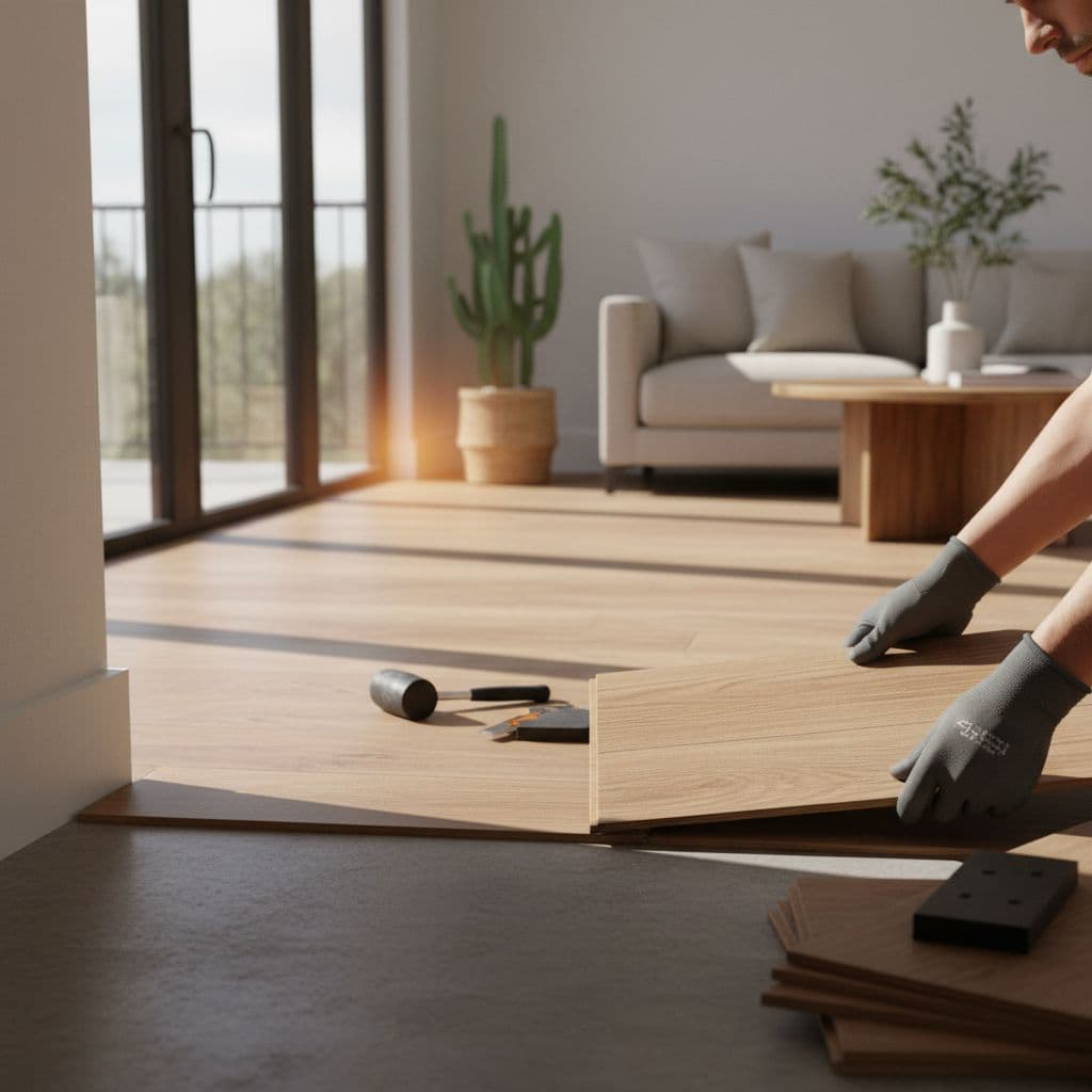 A contractor carefully installs luxury vinyl flooring in a bright, modern living room.