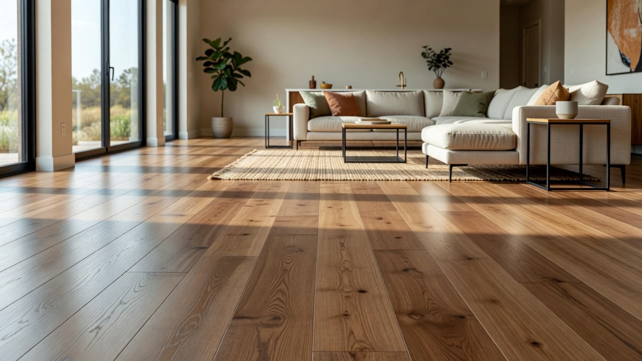 Polished hardwood flooring spans a bright living room furnished with clean, contemporary pieces. Soft sunlight filters through large windows, emphasizing the rich grain textures and warm tones of the professional installation.