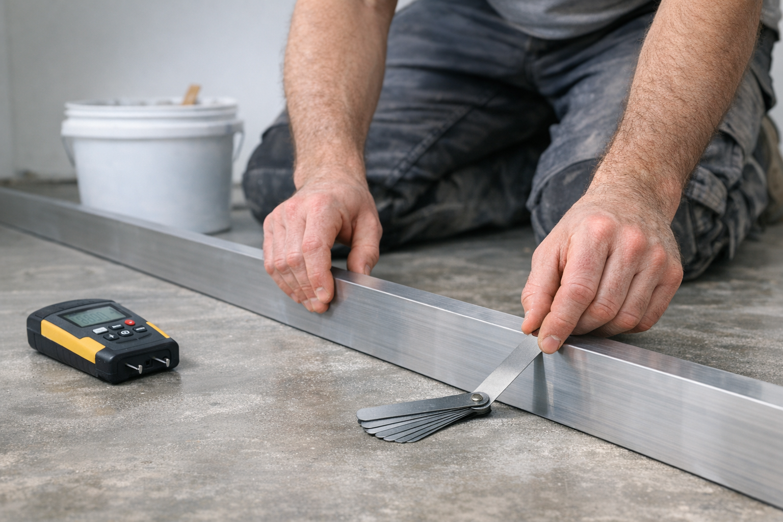 Installer measuring concrete slab flatness and preparing for moisture-safe flooring installation